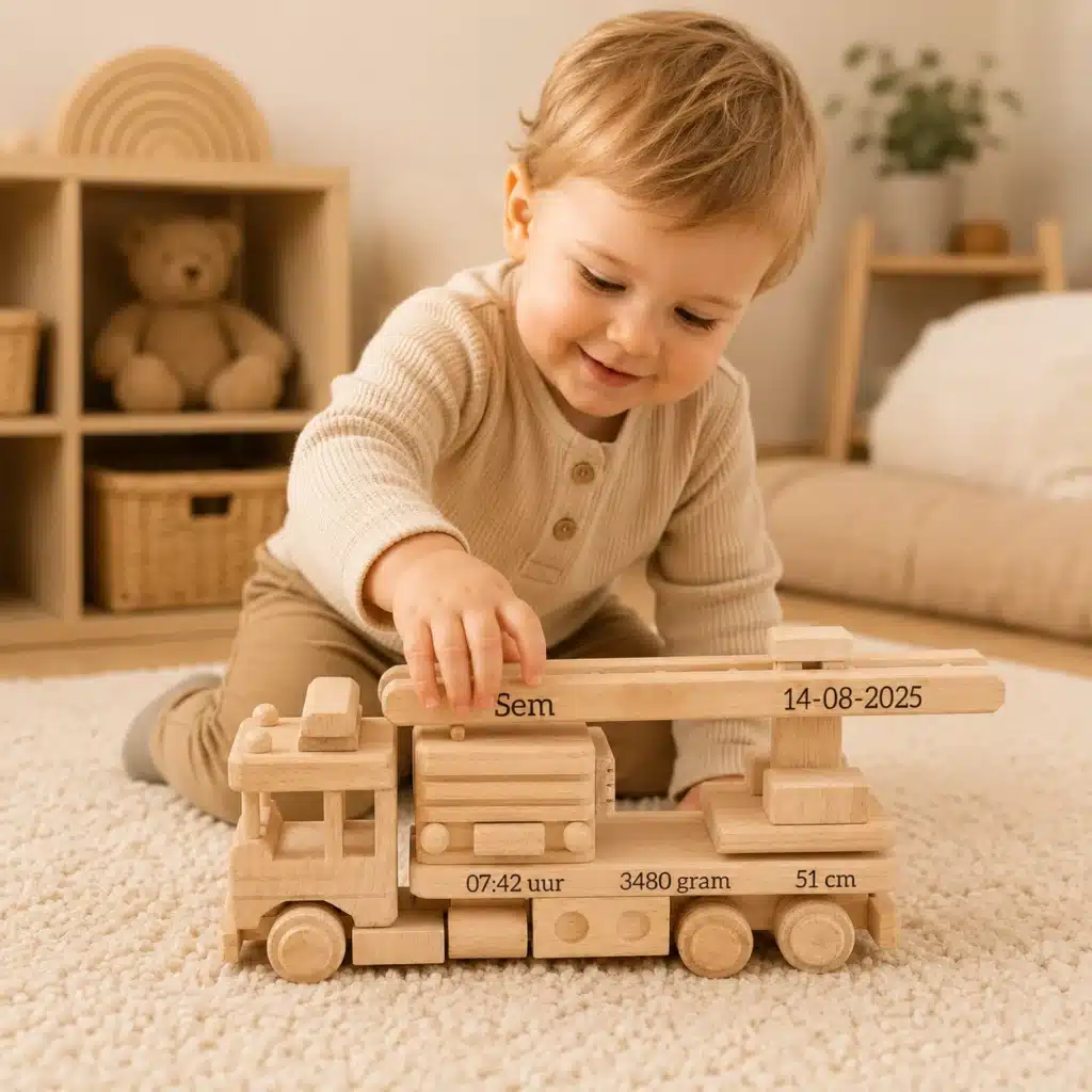 Kind speelt met een gepersonaliseerde houten brandweerwagen