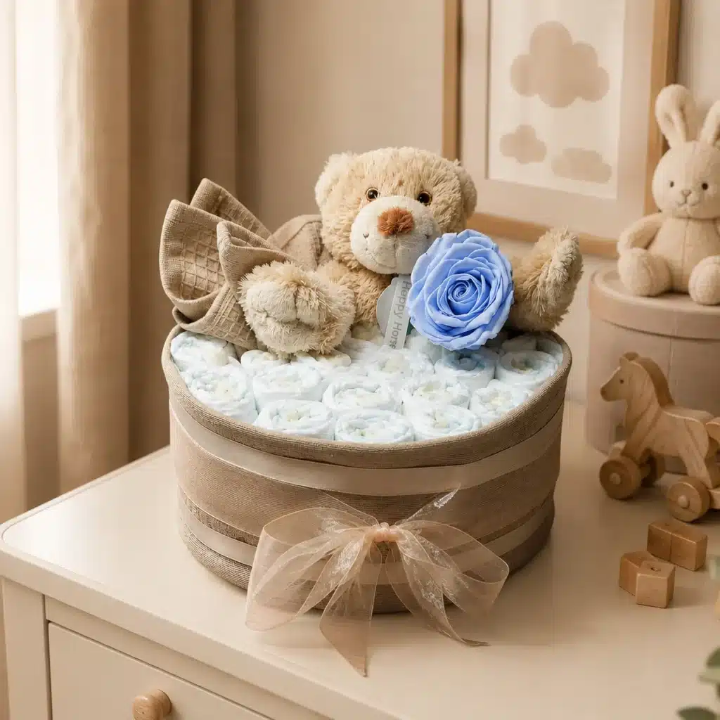 Blauwe luiertaart voor een jongen met 26 Pampers